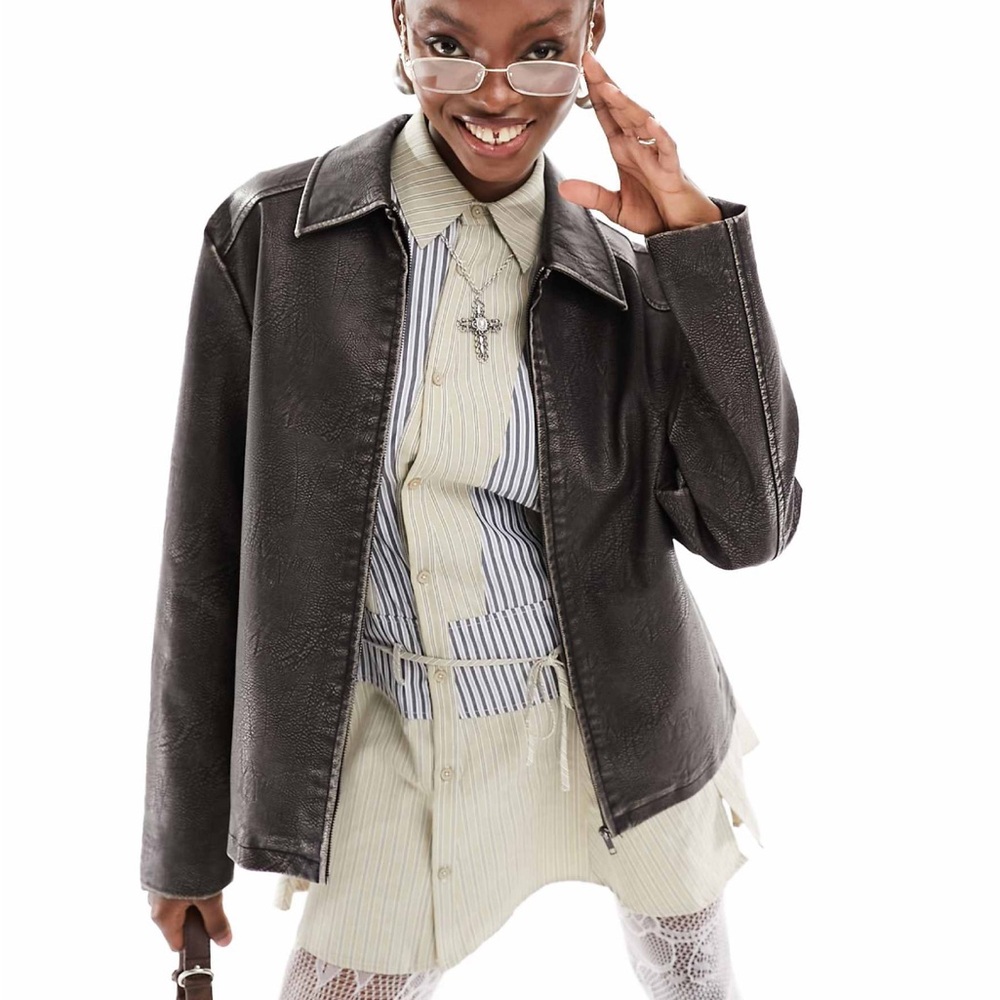 Collusion distressed faux leather jacket